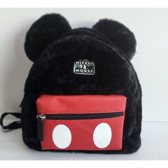 Mickey Mouse Disney Black Furry Backpack Red Front Pocket Ears & Luggage Tags - Picture 12 of 15